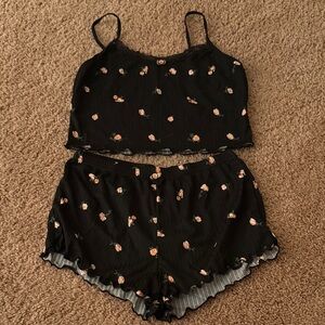 Floral Lace Trim Pajama Set - black